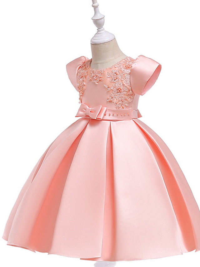 Dresseswow Short Sleeve Jewel Neck Ball Gown Knee Length Flower Girl Dress Lace With Bow Beading
