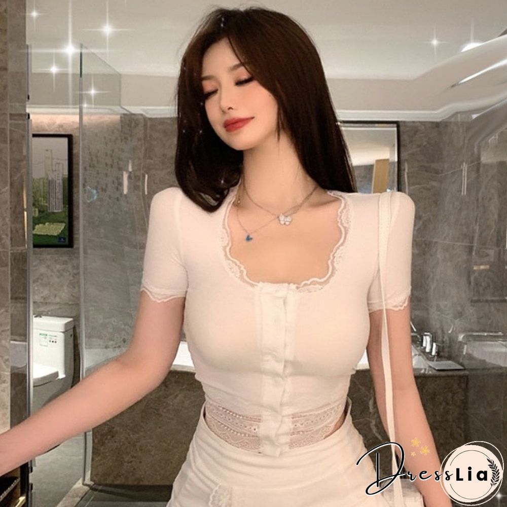 Korean version of sexy lace stitching tops women's tight-fitting single-breasted T-shirt short tops summer short sleeves