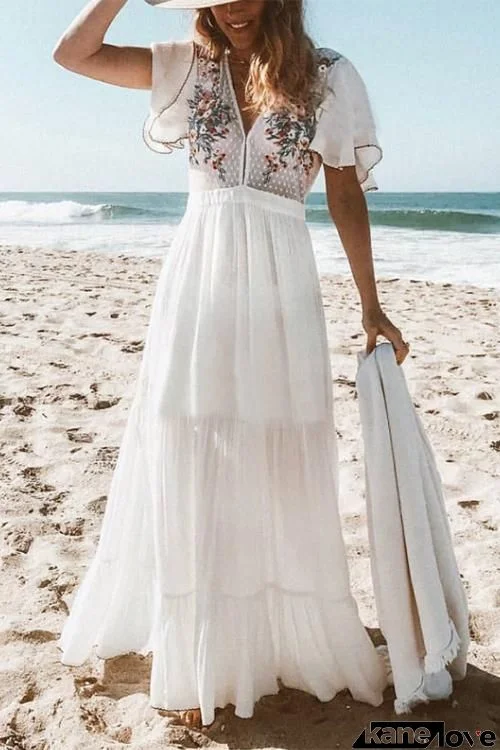 Embroidery Short Sleeve Maxi Cover Dress