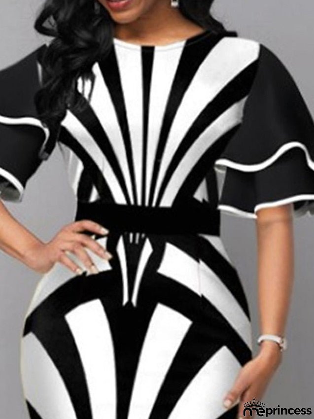 Work Dress Sheath Dress Semi Formal Dress Fashion Flared Sleeve Midi Dress Ruffle Print Crew Neck Half Sleeve Color Block Sunflower Slim White Red Summer Spring S M L XL XXL for Women