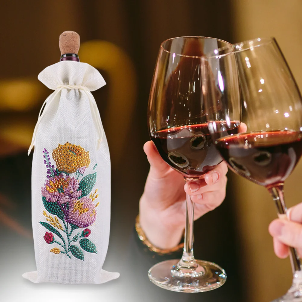 DIY Flower Diamond Painting Burlap Wine Gift Bags Label Liquor Bottle Covers