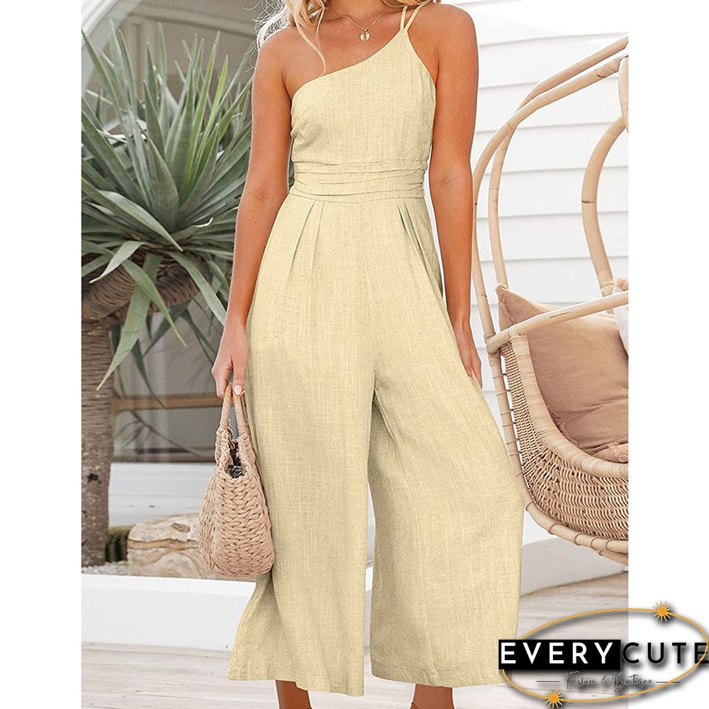 Off White One-shoulder Pocketed Wide Leg Jumpsuit