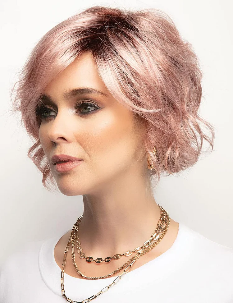 Short Wavy Bob Wigs for White Women Ombre Pink Pixie Bob  Wig