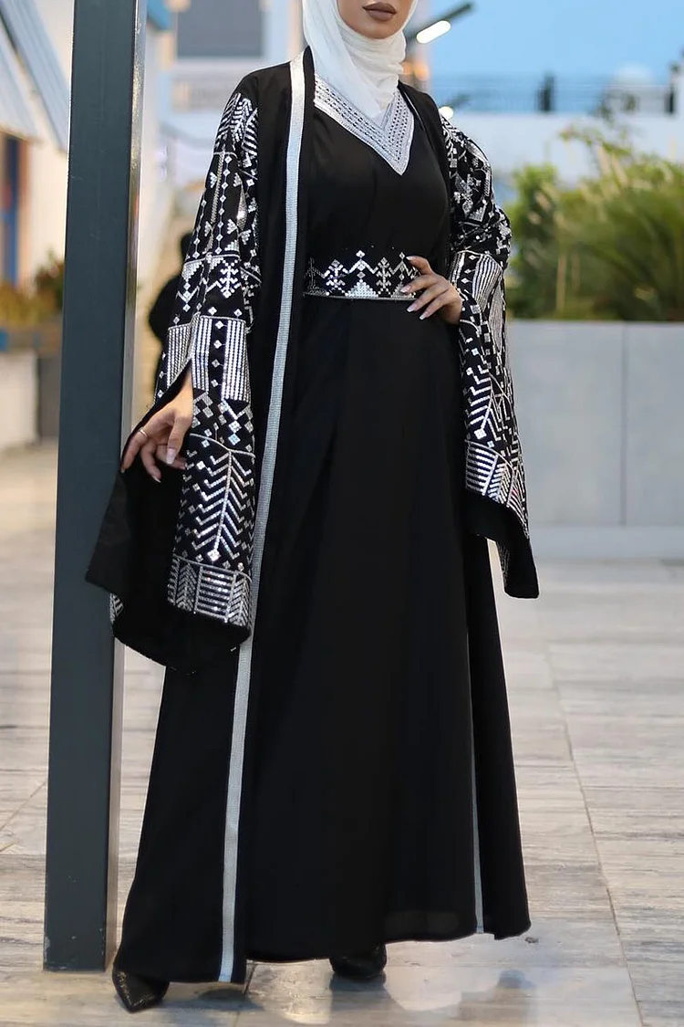 V Neck Maxi Dresses Wide Sleeve Abaya Bronzing Print 2pcs Set [Pre Order]