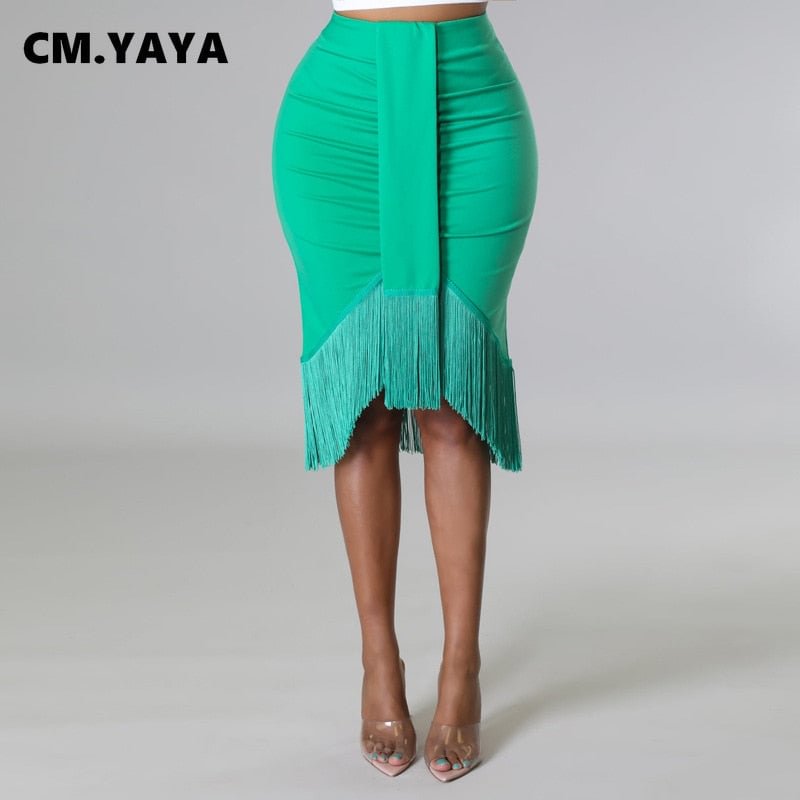 CM.YAYA Women Tassel Hem Irregular Bodycon Midi Knee Length Pencil Skirt for 2022 Summer Elegant Chic Party Skirts