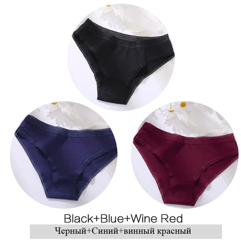 FINETOO Women Cotton Panties Sexy Lace Briefs 3Pcs/set Ladies Low Waist Underpants Comfortable Girls Underwear M-2XL Lingerie