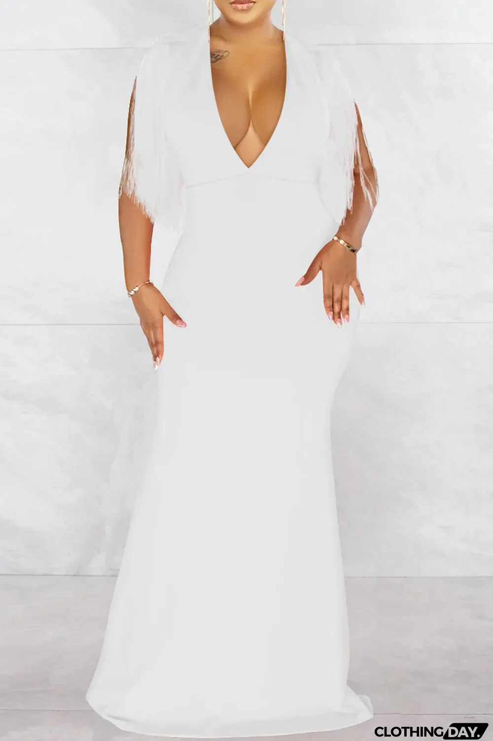 Black Fashion Sexy Solid Tassel Patchwork V Neck Long Dress