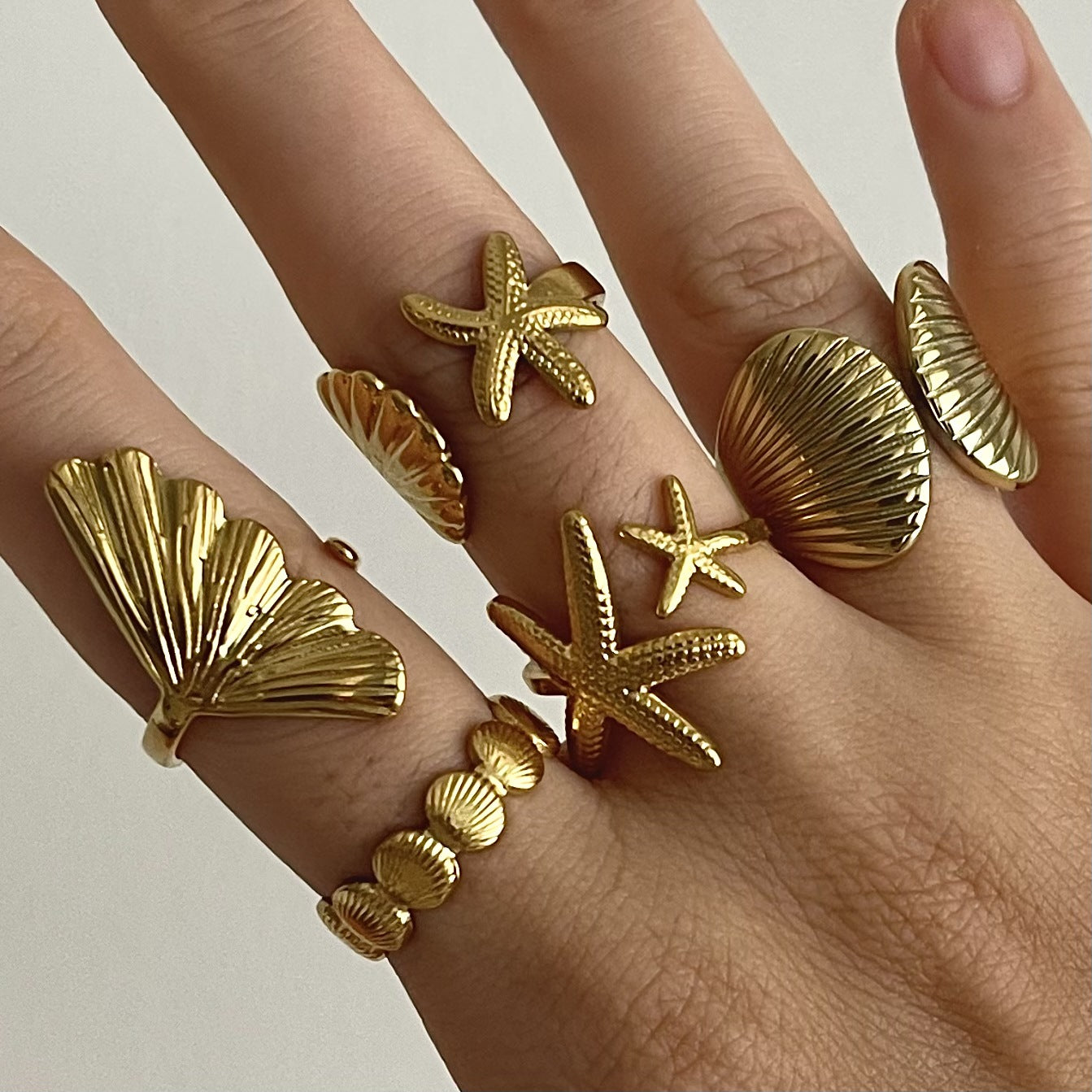 Ocean Style Stainless Steel Starfish Shell Open Ring Female Ring Titanium Steel Bracelet