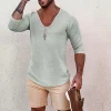 Men's Deep V Neck Breathable Linen Cotton Mid Sleeve T-Shirt by Inlyline