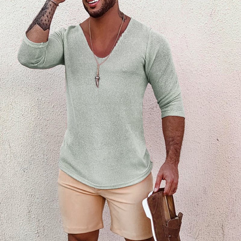 Men's Deep V Neck Breathable Linen Cotton Mid Sleeve T-Shirt-inspireuse