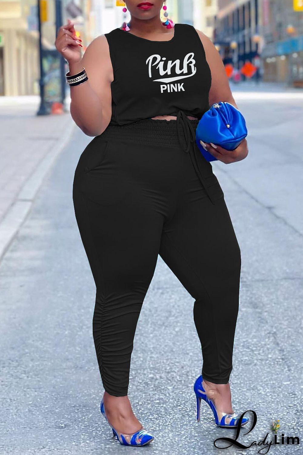 Black Casual Print Patchwork Frenulum O Neck Plus Size Two Pieces