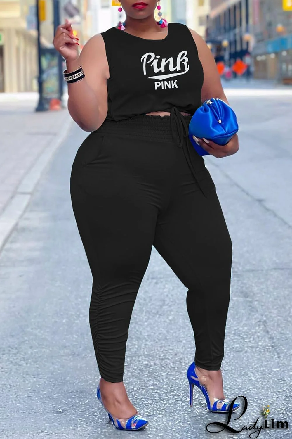 Black Casual Print Patchwork Frenulum O Neck Plus Size Two Pieces