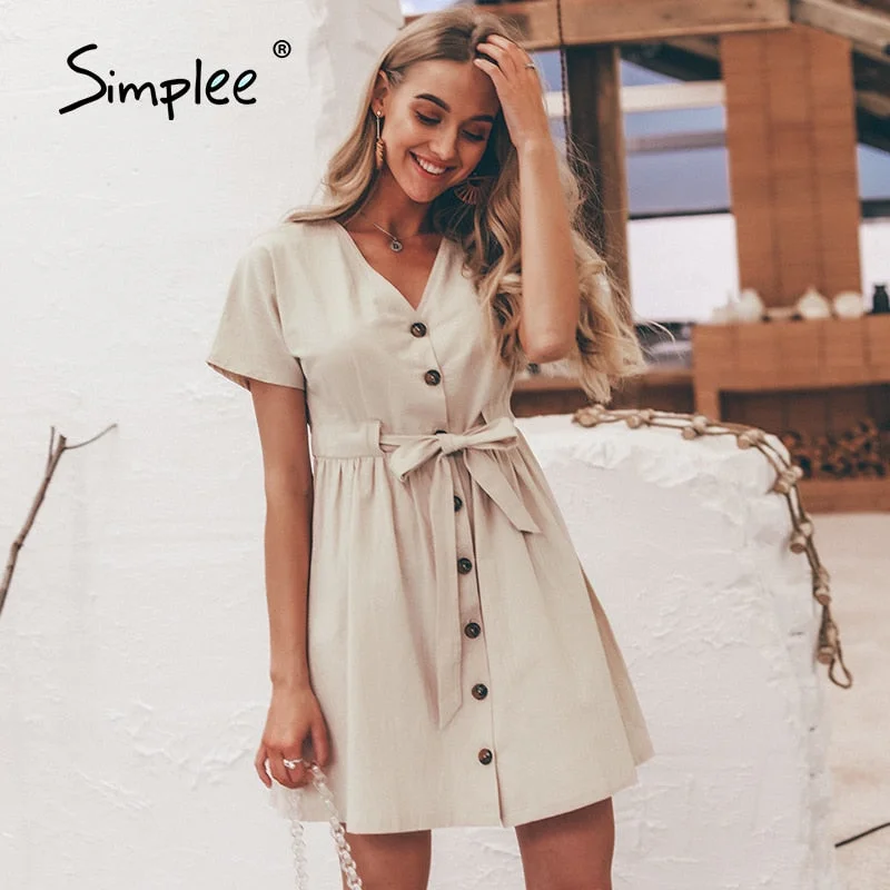 Simplee Vintage buttons women dress shirt V neck short sleeve cotton linen short summer office dresses Casual korean vestidos