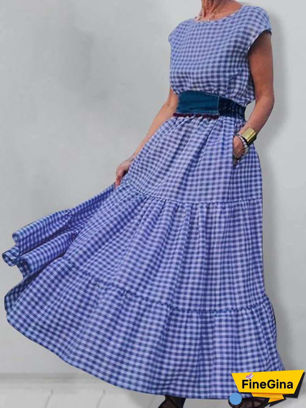 Women'S Dresses Check Print Crew Neck Pocket Maxi Dress