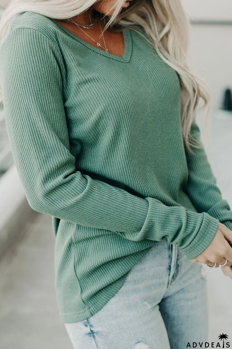 Ribbed V-Neck Long Sleeve T-Shirt