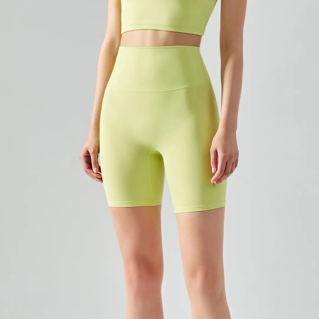 Hergymclothing Lime Green high waist no t line soft lightweight recycled nylon yoga shorts online shopping
