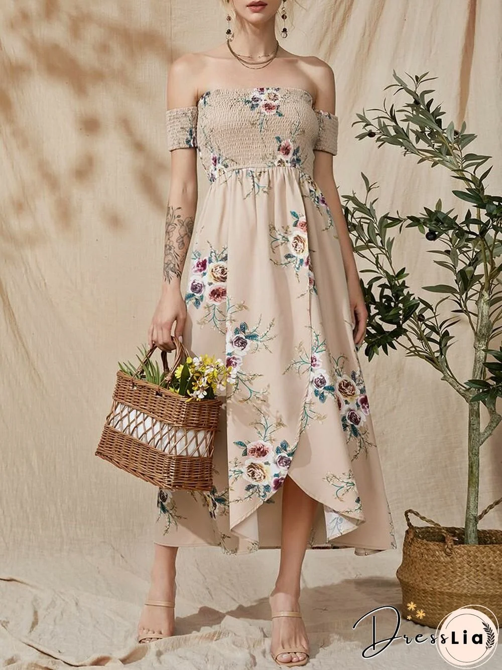 Flower Print Short Sleeve Asymmetrical Hem Maxi Dress