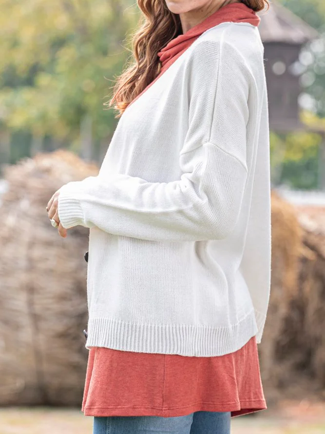 White Long Sleeve Cotton-Blend V Neck Solid Sweater