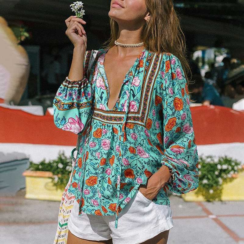 ZANZEA Summer Floral Printed Blouse Women Bohemian Holiday Tops Vintage V Neck Long Sleeve Party Tunic Shirt Casual Beach Blusas