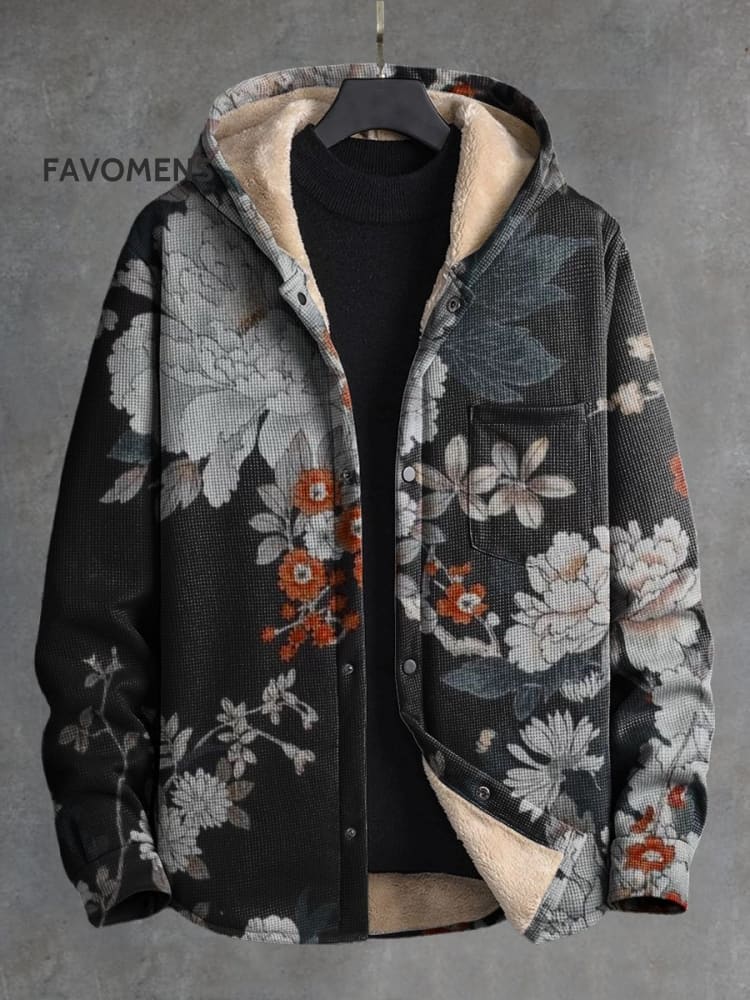 Retro Watercolor Lotus Branch Divergent Print Waffle Plush Thickened Long Sleeve Hooded Jacket
