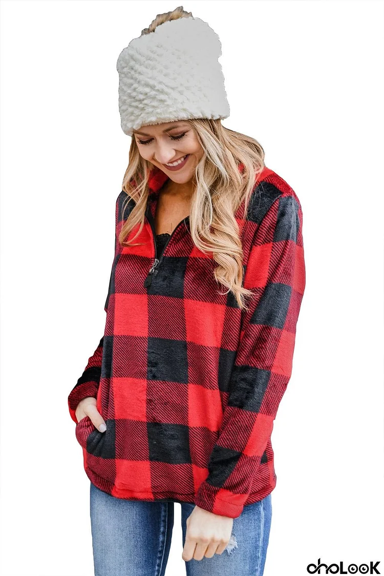 Plaid Print 1/4 Zip Turn-down Collar Sweatshirt