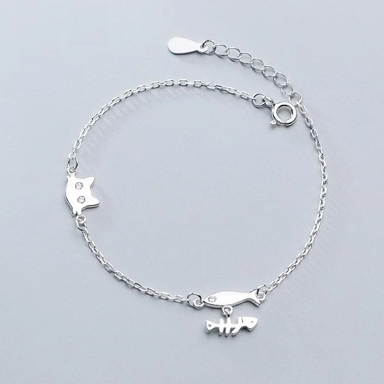 925 Sterling Silver Cute Kitten & Fish Bracelet