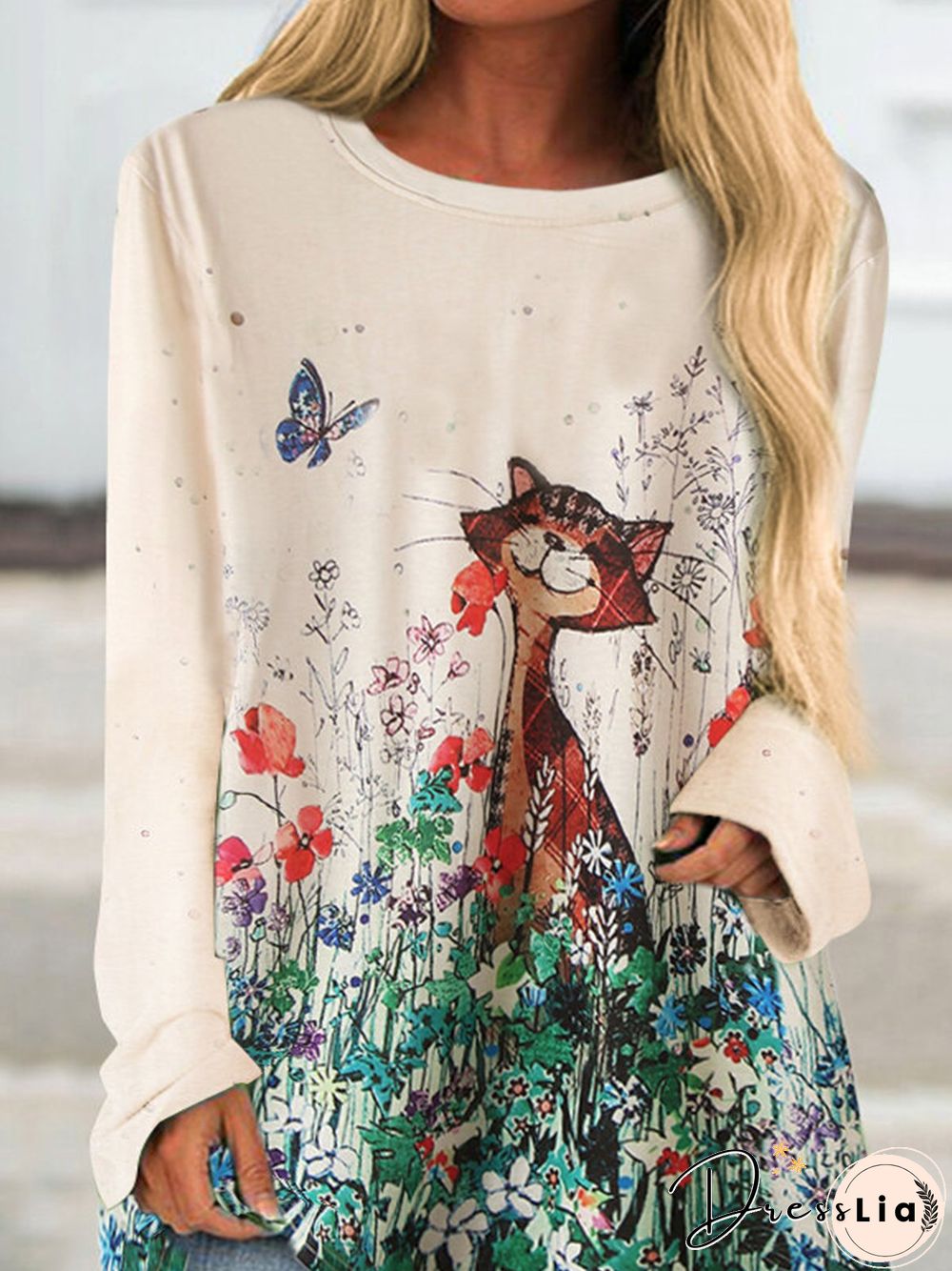 Beige Cotton-Blend Long Sleeve Round Neck Printed T-shirt