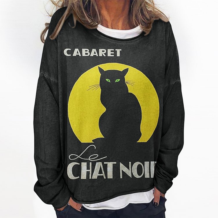 Casual Crew Neck Cat Print Long Sleeve Sweatshirt