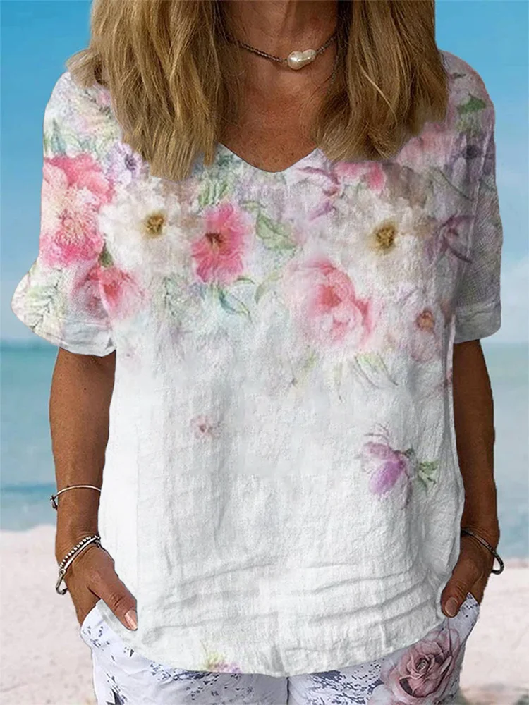 Women's Floral Art Print Casual Cotton And Linen Shirt