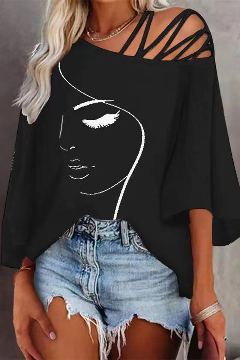 Figure Print Hollow Out Asymmetrical Neck Blouse
