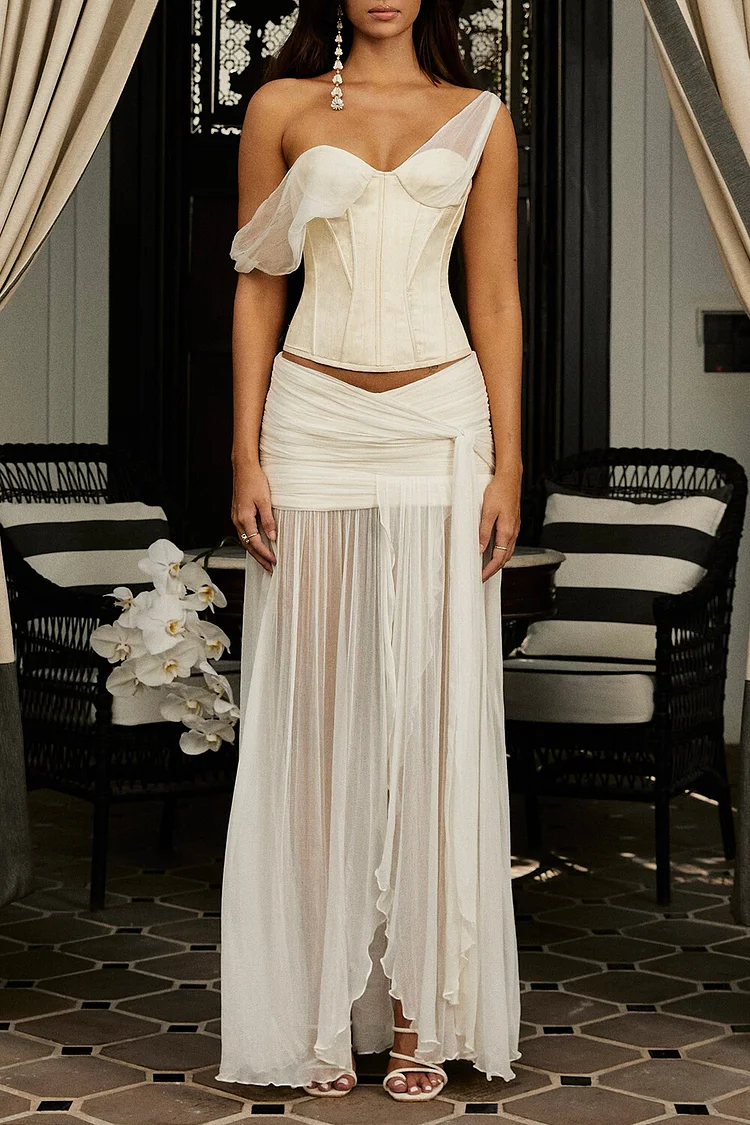 Drop Shoulder Corset Semi Sheer Slit Maxi Skirt 2pcs Set-Beige [Pre Order]