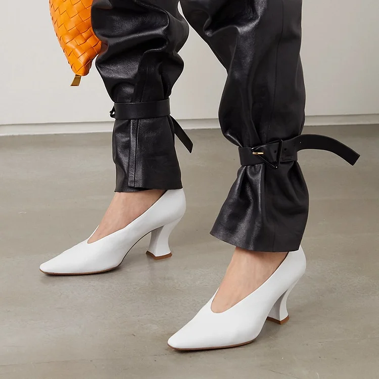 White Office Shoes Almond Toe Spool Heel Pumps for Women |FSJ Shoes