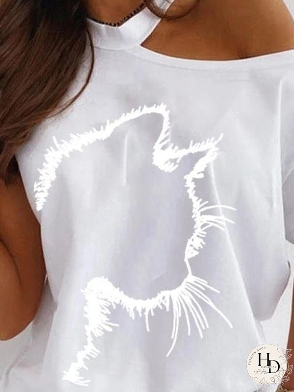 Cat Print Off The Shoulder Casual T-shirt for Women