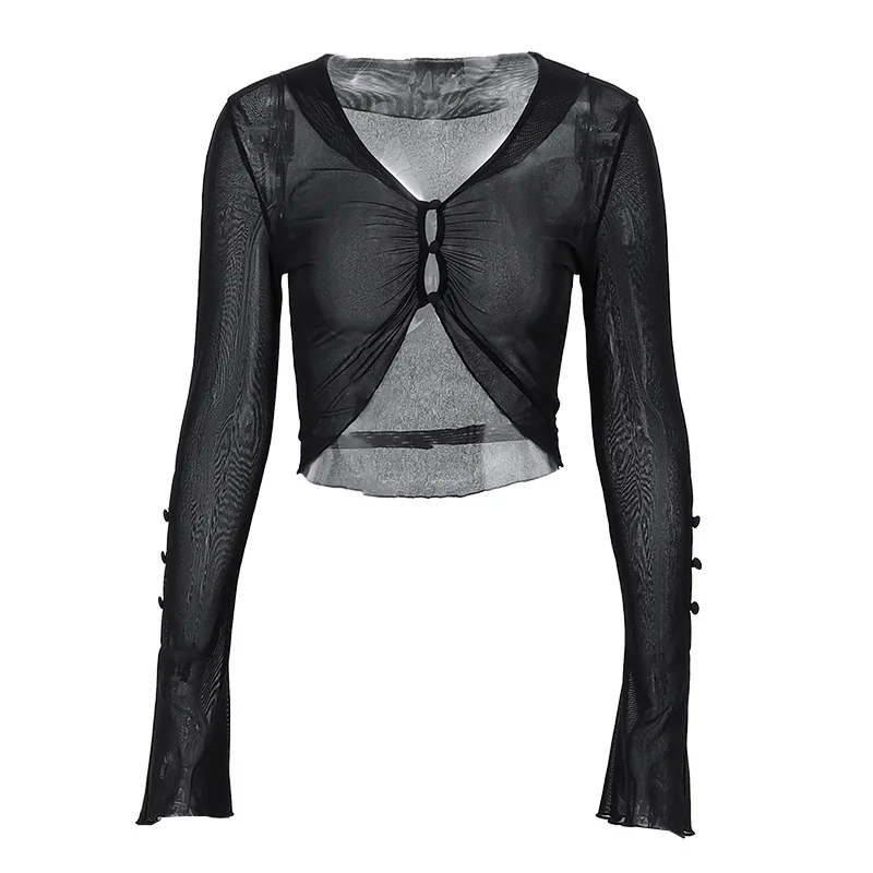 Brownm Brownm 2023 Hot Style Fashion Sexy Pure Desire Hot Girl Perspective Mesh Slim Long Sleeve Jacket Female