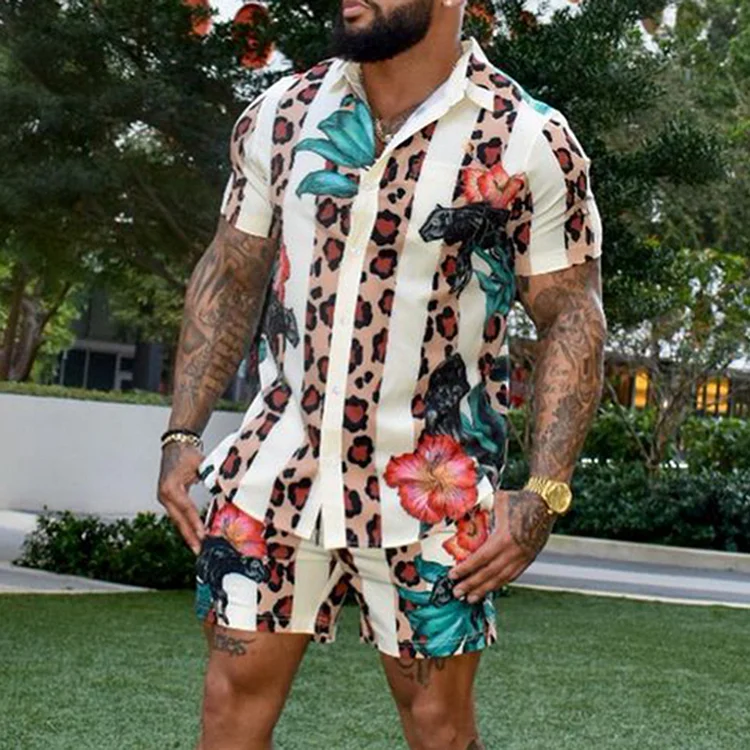 Men'S Leopard-Paneled Floral Print Shirt And Shorts Co-Ord