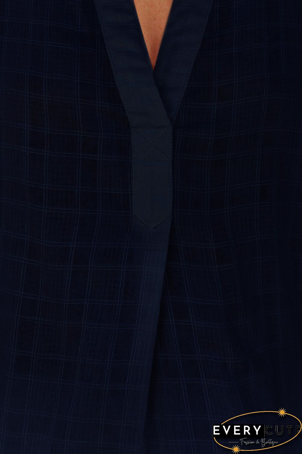 Navy Plaid Print Loose V Neck Short Sleeve Shirt with Slits