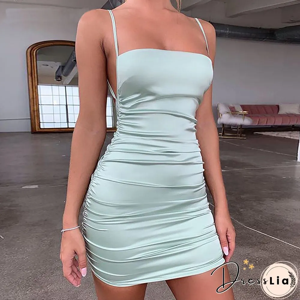 Spaghetti Strap Mini Satin Dress Women Sexy Backless Cross Bandage Bodycon Party Dress Pleated Stretch Short Suit Club Dress