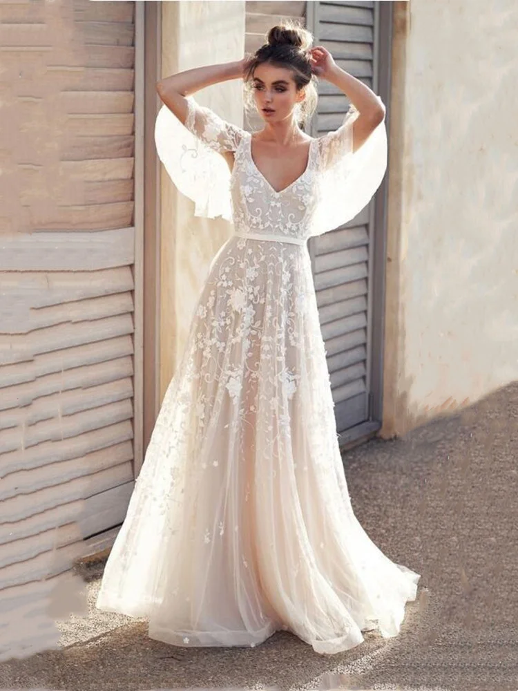 Long Boho Elegant Tulle Half Sleeves V-Neck Wedding Dresses