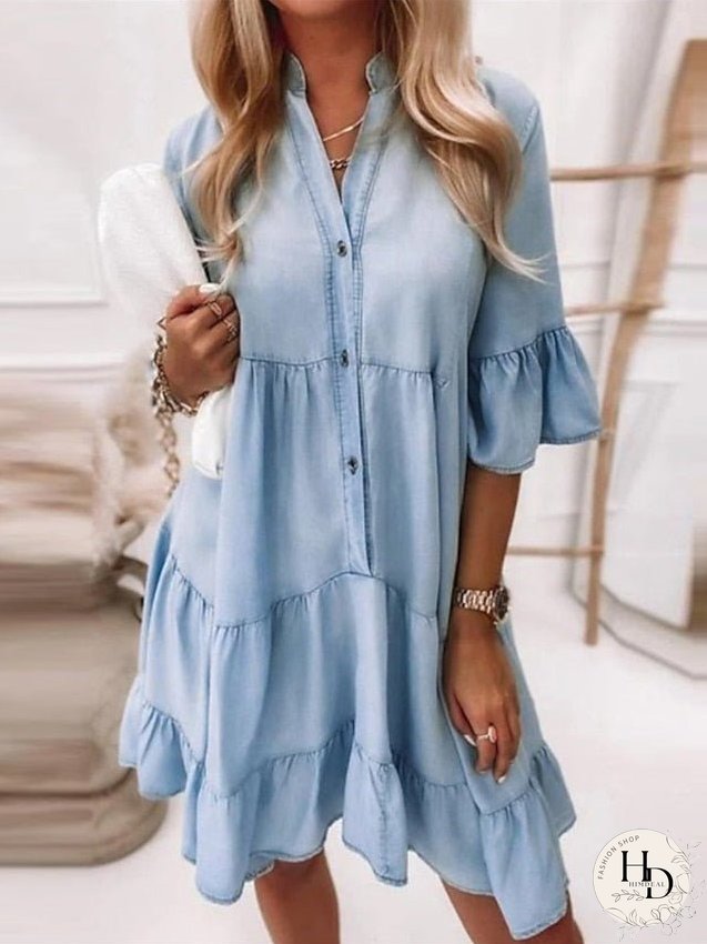 Denim Dress Casual Dress Denim Shirt Dress Midi Dress Denim Casual Outdoor Daily Vacation V Neck Button Half Sleeve Summer Spring Fall Loose Fit Light Blue Pure Color S M L XL XXL for Women