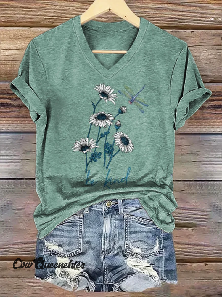 Casual Floral V Neck Short Sleeve T-shirt As Picture / S
