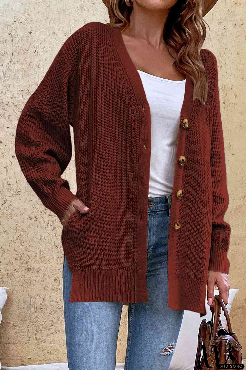 MidiSono - V-Neck Openwork Long Sleeve Cardigan