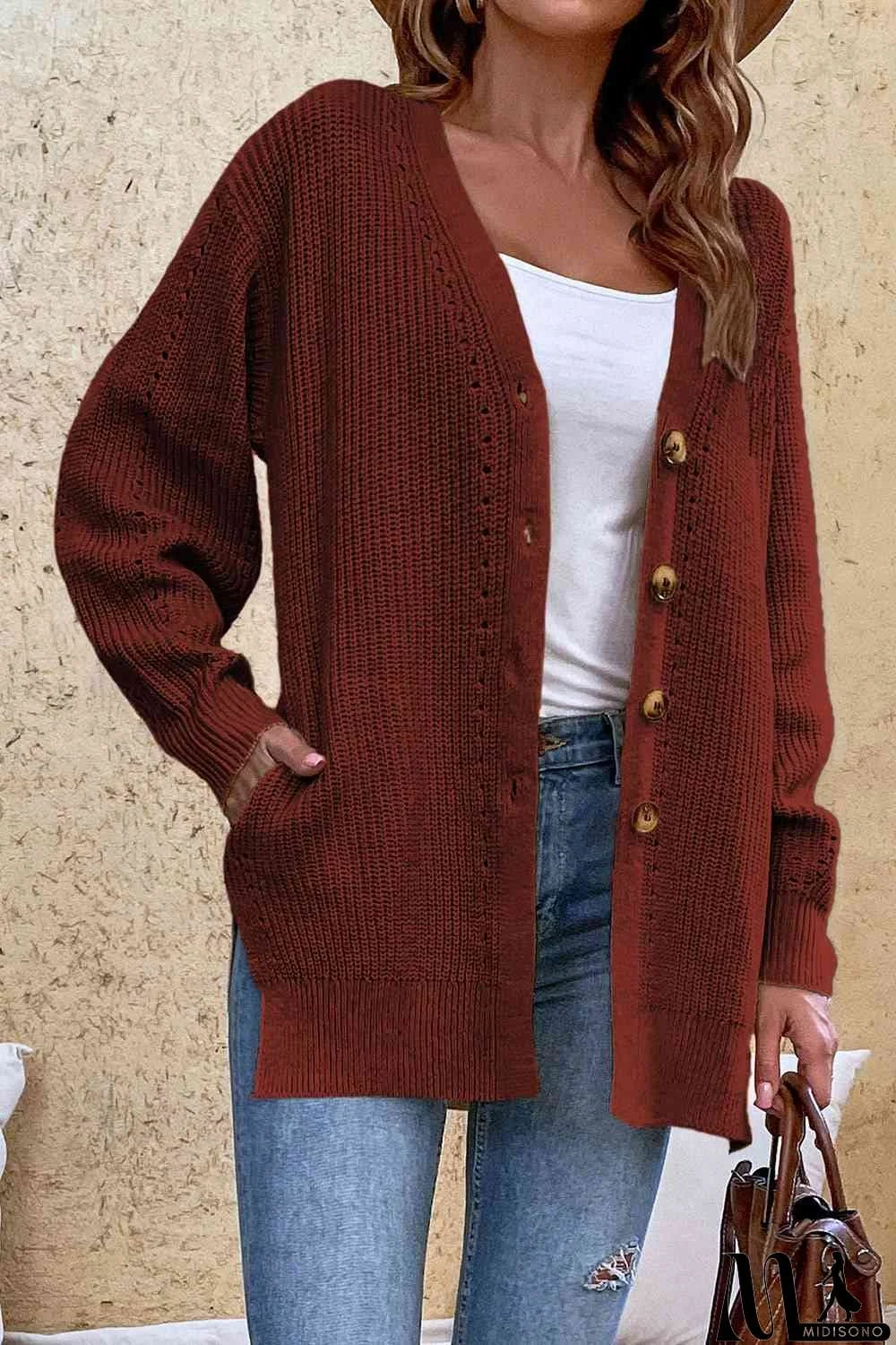 MidiSono - V-Neck Openwork Long Sleeve Cardigan