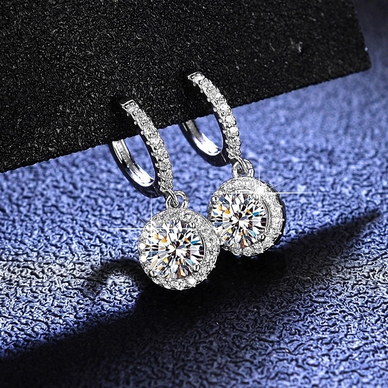 1 Pair 925 Sterling Silver Moissanite Zircon Round Drop Earrings