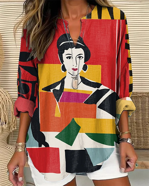 Retro Abstract Color Block Art Print V-Neck Top