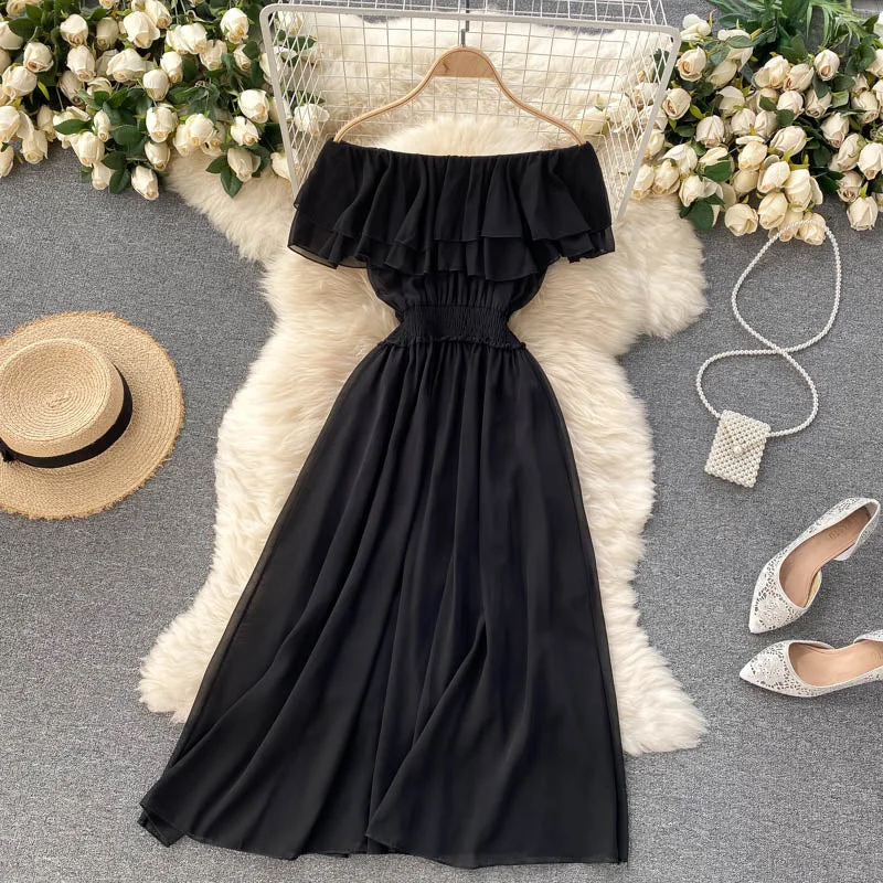 Croysier Midi Dress Women Solid Color Casual Chiffon Dress Elegant Double Ruffle Sexy Off Shoulder Dress Summer Clothes Sundress