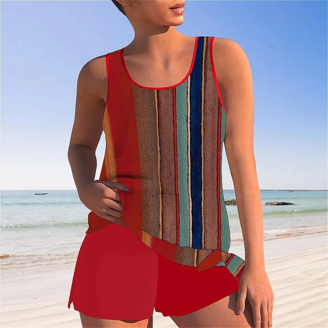 Bowknot Striped,Blue,Red,Brown Mid Waisted Tankini Set - Plus Size Available