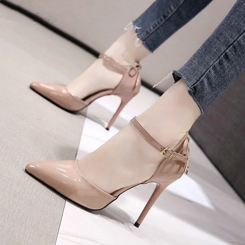 Sexy Nude Color High Heels Fashion Thin Heels Butterfly-Knot Patent Leather Middle Hollow Womens Shoes Elegant Party Dress Pumps