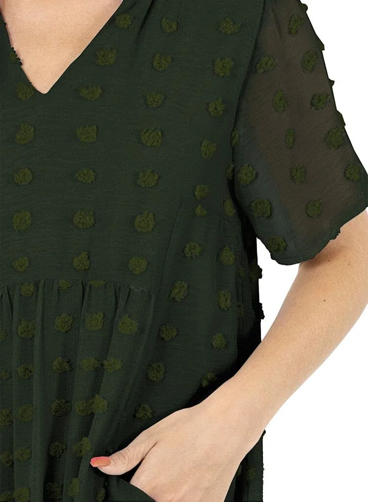 MIHOLL Women's V Neck Short Sleeve Ruffle Loose Summer Flowy Mini Dress