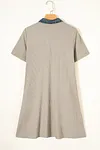 Women's Beige Short Sleeve Ribbed Knit Denim Patchwork Polo Collar Dress