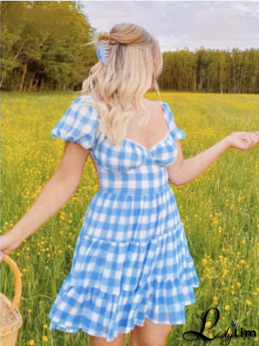 Summer Women's Square Neck Plaid Print Sexy Low Back Ruffle Puff Sleeve Dress